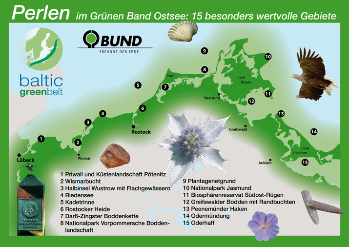 Perlen im Grnen Band: Landkarte mit besonders wertvollen Gebieten im Grnen Band Ostsee in Mecklenburg-Vorpommern